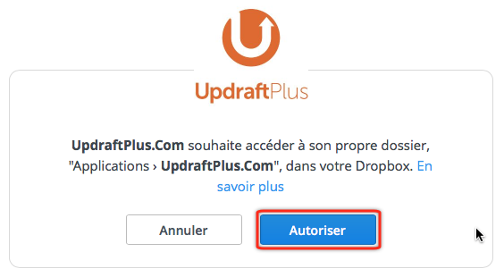Liaison UpdraftPlus.com vers DropBox